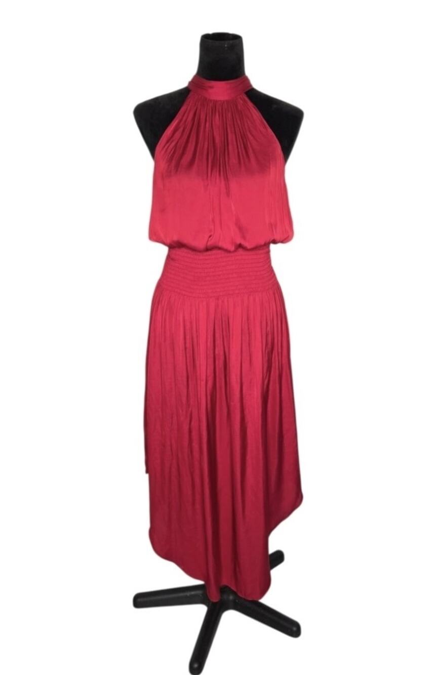 Ramy Brook Blouson Halter Midi Dress Smocked Waist Satin Cocktail Party Size S